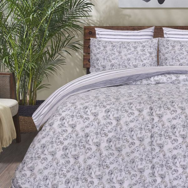 Vintage Grey Floral Percale Cotton Duvet Cover Set