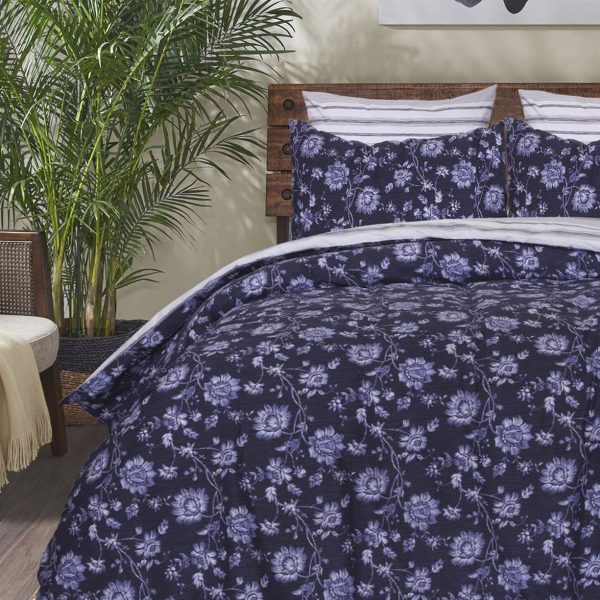 Blue Floral Percale Cotton Duvet Cover Set